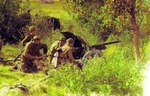 Советские артиллеристы из состава частей 2-го гвардейского кавалерийского корпуса ведут огонь по противнику с замаскированной позиции. На переднем плане: 45-мм противотанковая пушка 53-К (образца 1937 г.), на заднем плане: 76-мм полковая пушка (образца 1927 г.). Брянский фронт.